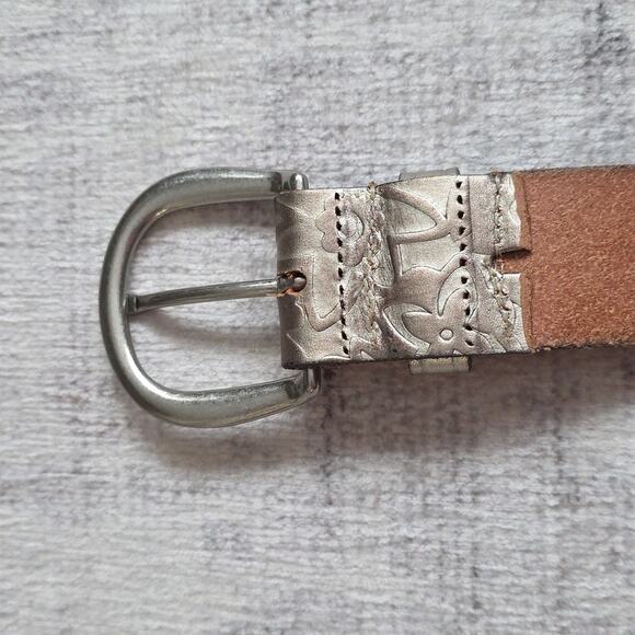 Vintage Fossil Silver Metallic Embossed Textured Genuine Leather Belt Womens L main image 5